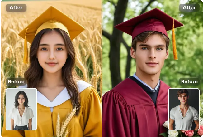 肖像画をアップロードし、プリセットの卒業テンプレートを選択して卒業写真を作成する。