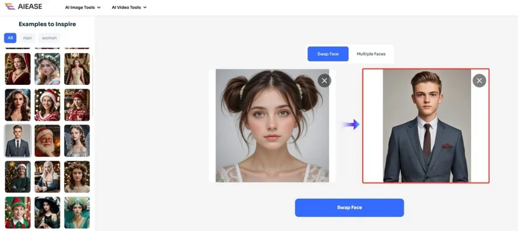 上傳要交換臉部的圖像或從 AI Ease 的內建庫中選擇