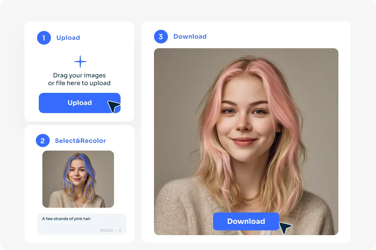 upload your image and change the hair color to blonde hair with pink highlights with ai ease highlights filter
