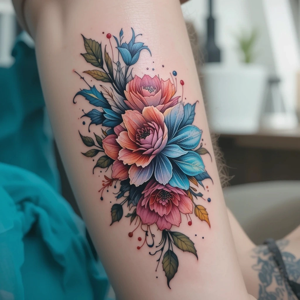 watercolor tattoo style for flowers and leaves