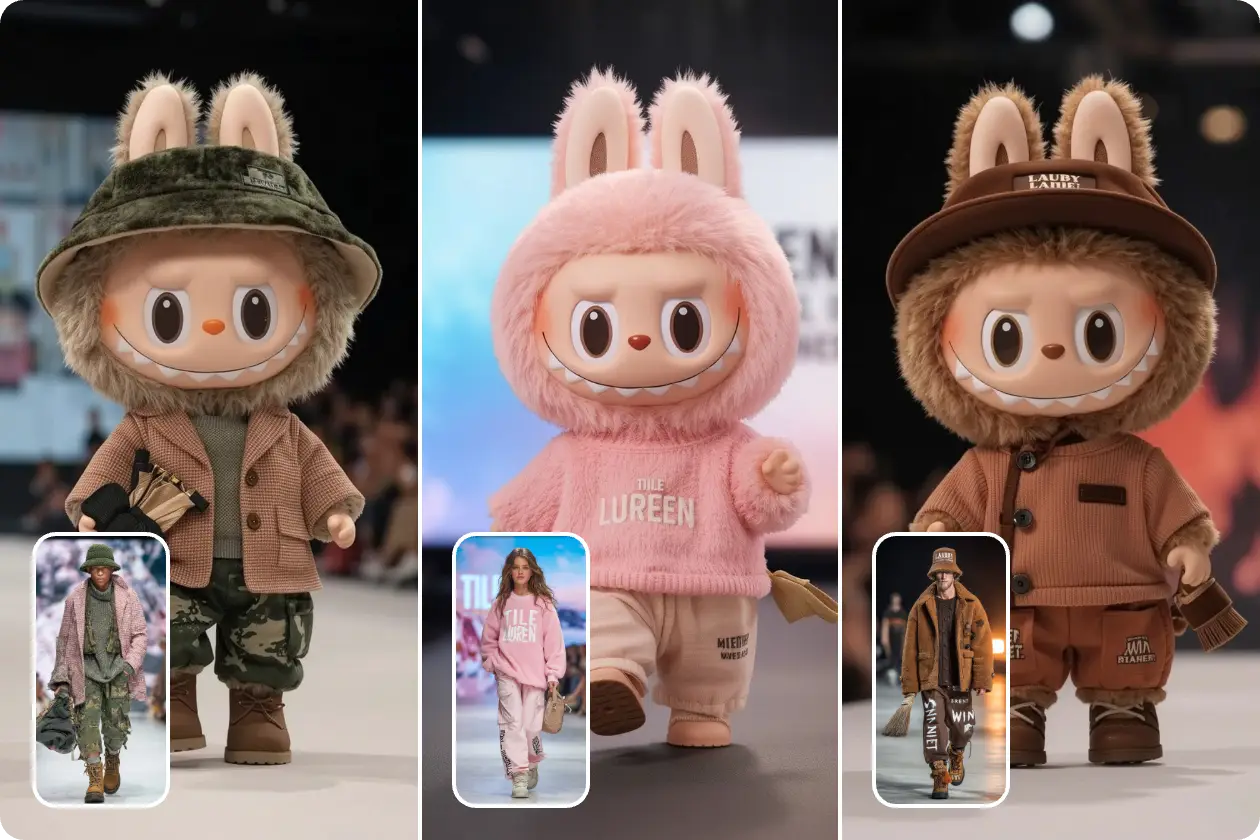3 images of converting the models into a labubu picture with labubu filter