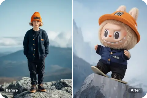 use labubu filter to process the picture of the little boy in the orange hat