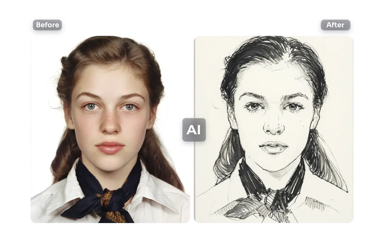 a before and after comparison of a photo of a girl with long hair being transformed into a sketch using ai ease