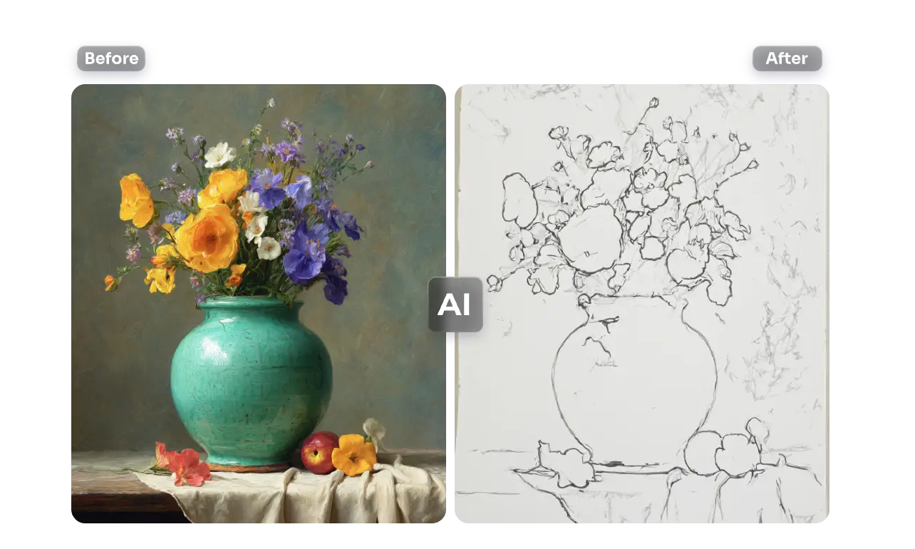 a before and after comparison of a still life vase photo turned into a sketch using ai ease