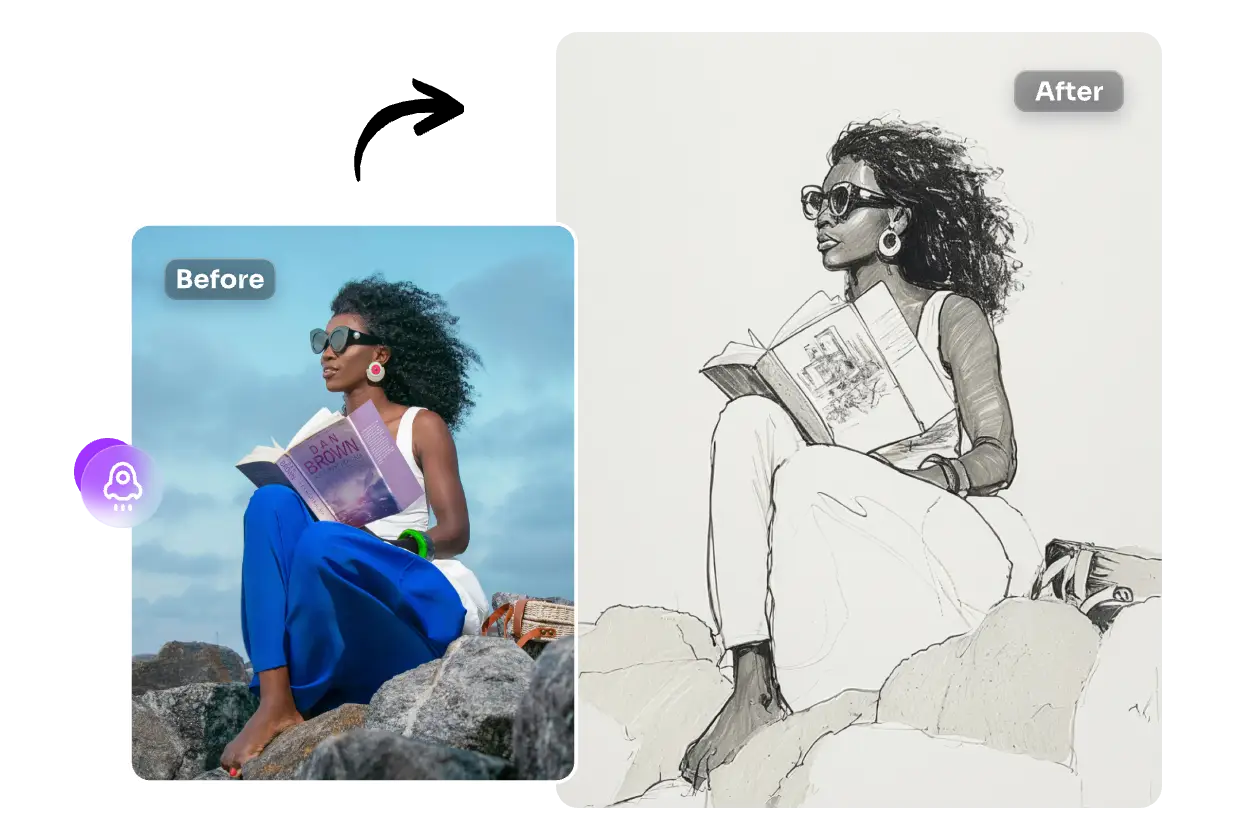 a before and after comparison of using ai ease to transform a portrait into a sketch