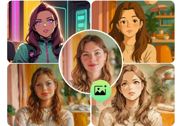 a closeup girl portrait with brown hair and four ai art versions including ghibli anime oil painting cyberpunk and cartoon made in aiease image to image ai generator