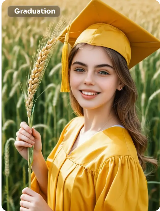 un avatar a tema laurea di una ragazza che indossa abiti gialli laurea fatto in aiease ai generatore di avatar