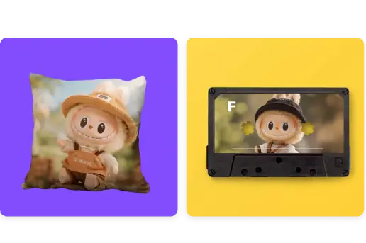 a pillow with a labubu image and a labubu keychain