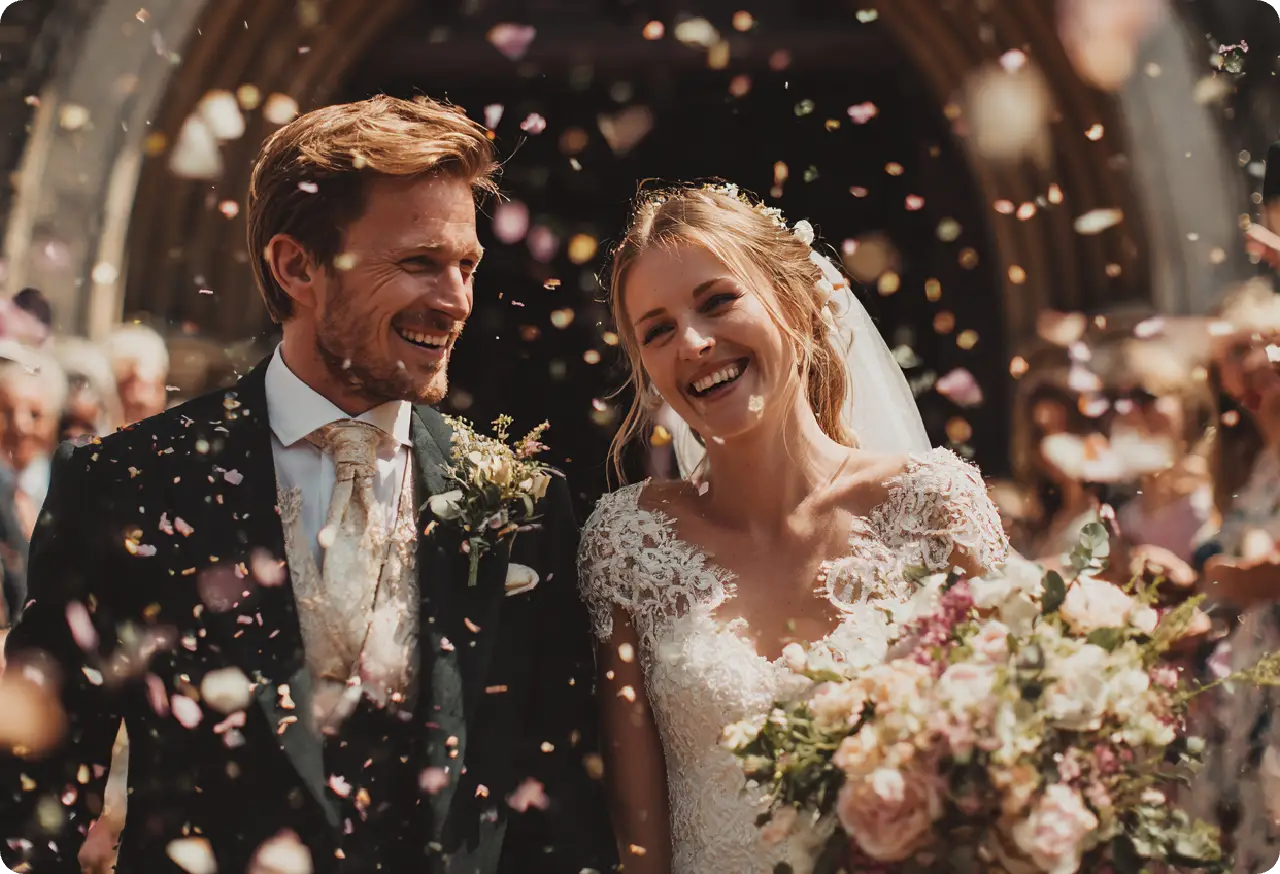 cenas românticas de casamento criadas pelo gerador de fotos de casamento ai ease com um casal no centro da festa de casamento