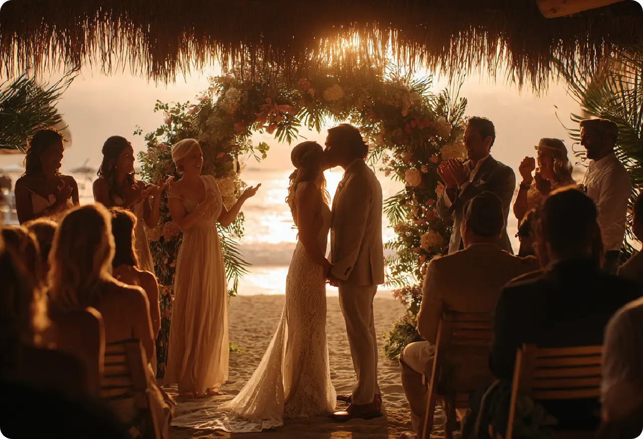 um design de casamento de sonho ideal gerado pelo gerador de fotos de casamento ai ease com um casal a beijar-se