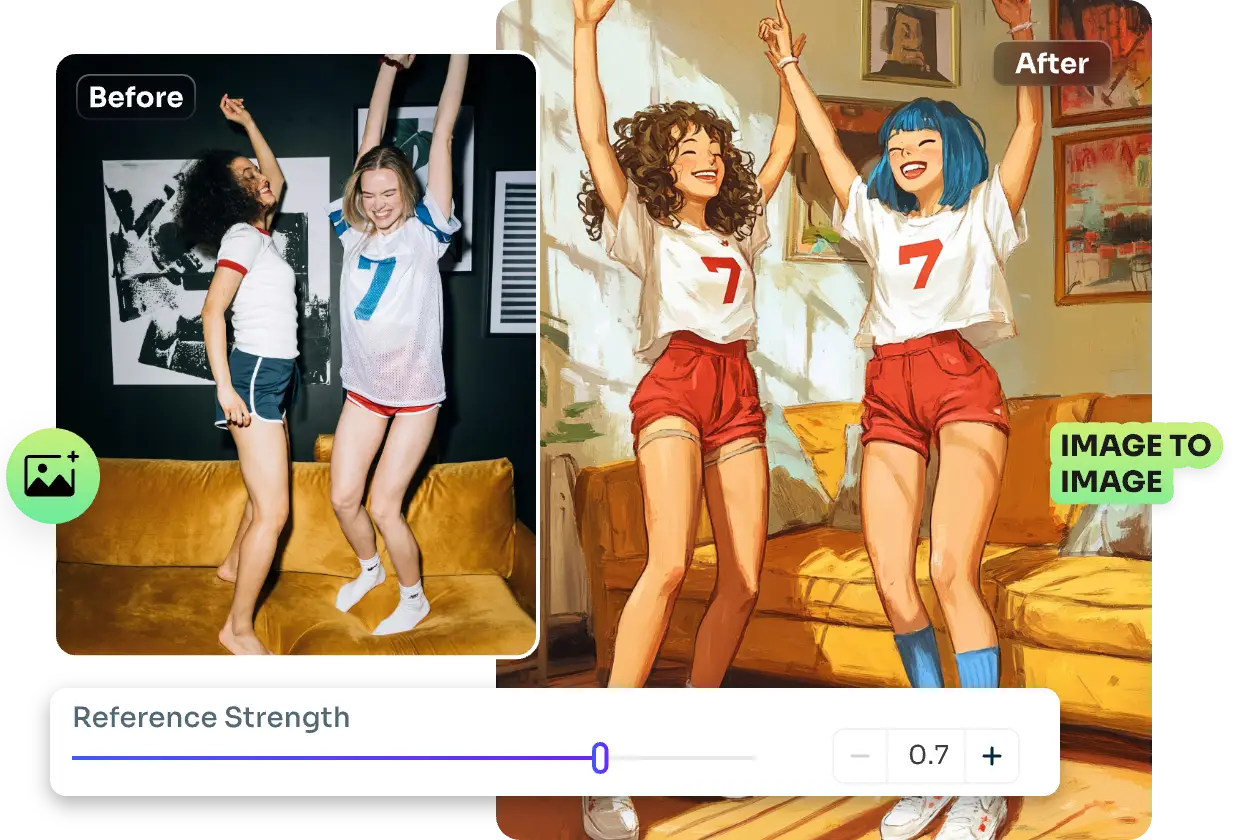 before and after contrast of converting a image of two girls dancing to anime style in aiease image to image ai with a reference strength slide bar