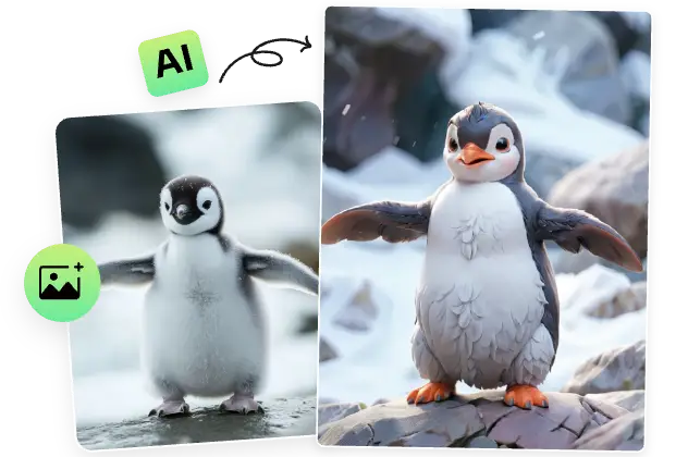 before and after contrast of turning a cute penguin into anime style in aiease image to image ai generator