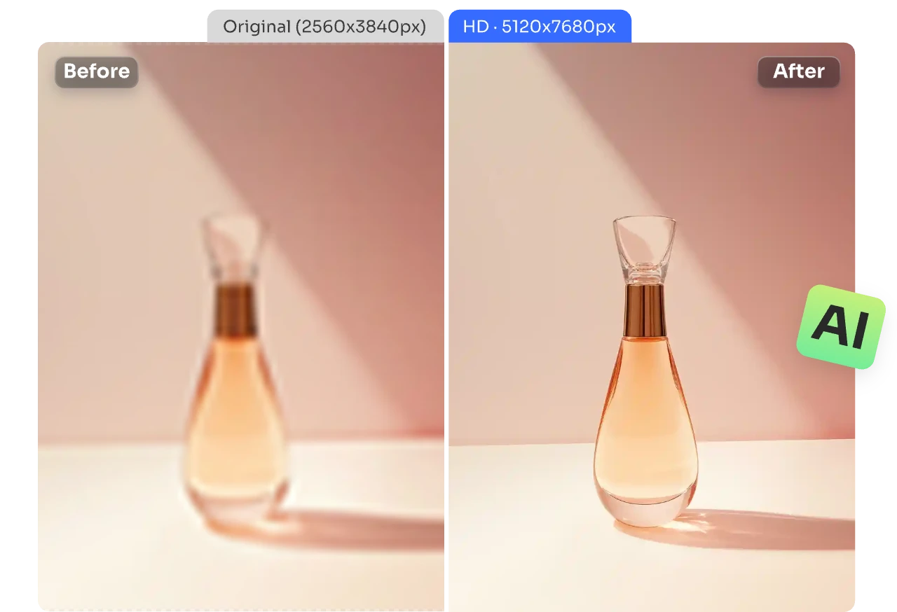 antes e depois do contraste do upscaling de uma imagem desfocada de uma garrafa para uma resolução de 4k num upscaler de imagem aiease com um ícone ai