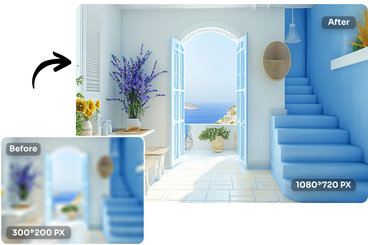 antes e depois do contraste do melhoramento de uma paisagem desfocada para uma imagem de alta qualidade num melhorador de imagem aiease