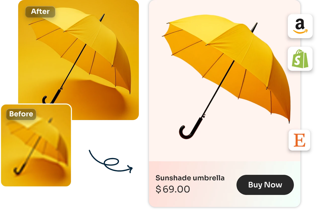 contraste de antes y después de escalar una imagen de producto de un paraguas amarillo en aiease image upscaler y publicarla en una tienda online con iconos de amzon shopify y etsy