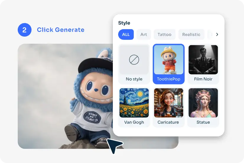 choose the toothiepop style from ai ease labubu doll ai generator