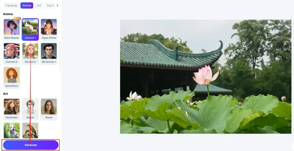 click generate to turn photo into cartoon with AI Ease’s cartoon filter