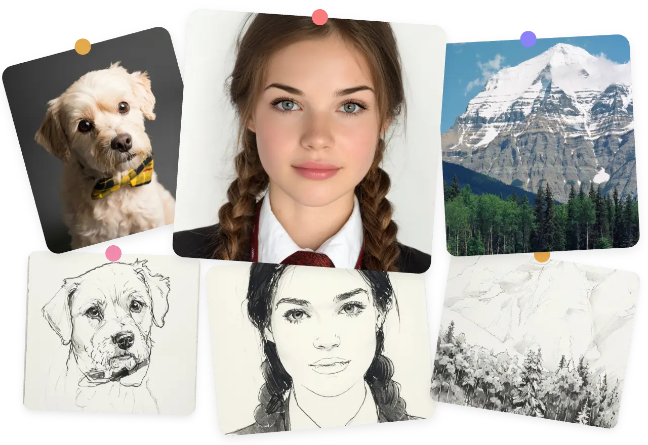 comparison of photo to sketch image styles from three photos with ai ease sketch converter