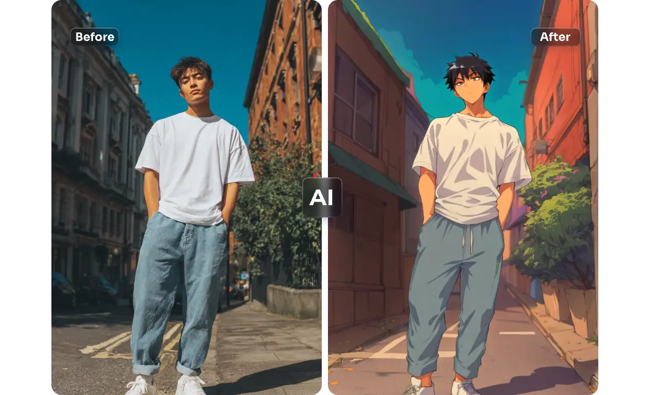 Ai Ease 무료 애니메이션 필터로 소년 전신 초상화를 애니메이션 캐릭터로 변환