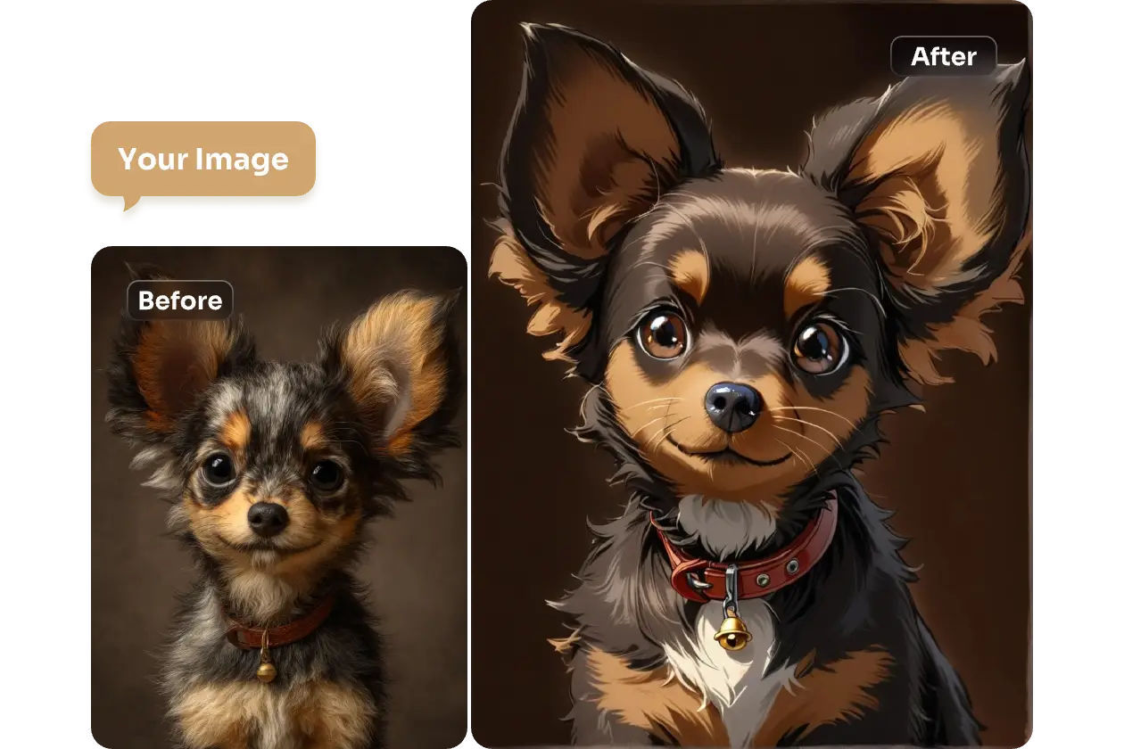 Convertite un simpatico cane marrone in un cartone animato con il convertitore da foto a cartone animato di aiease