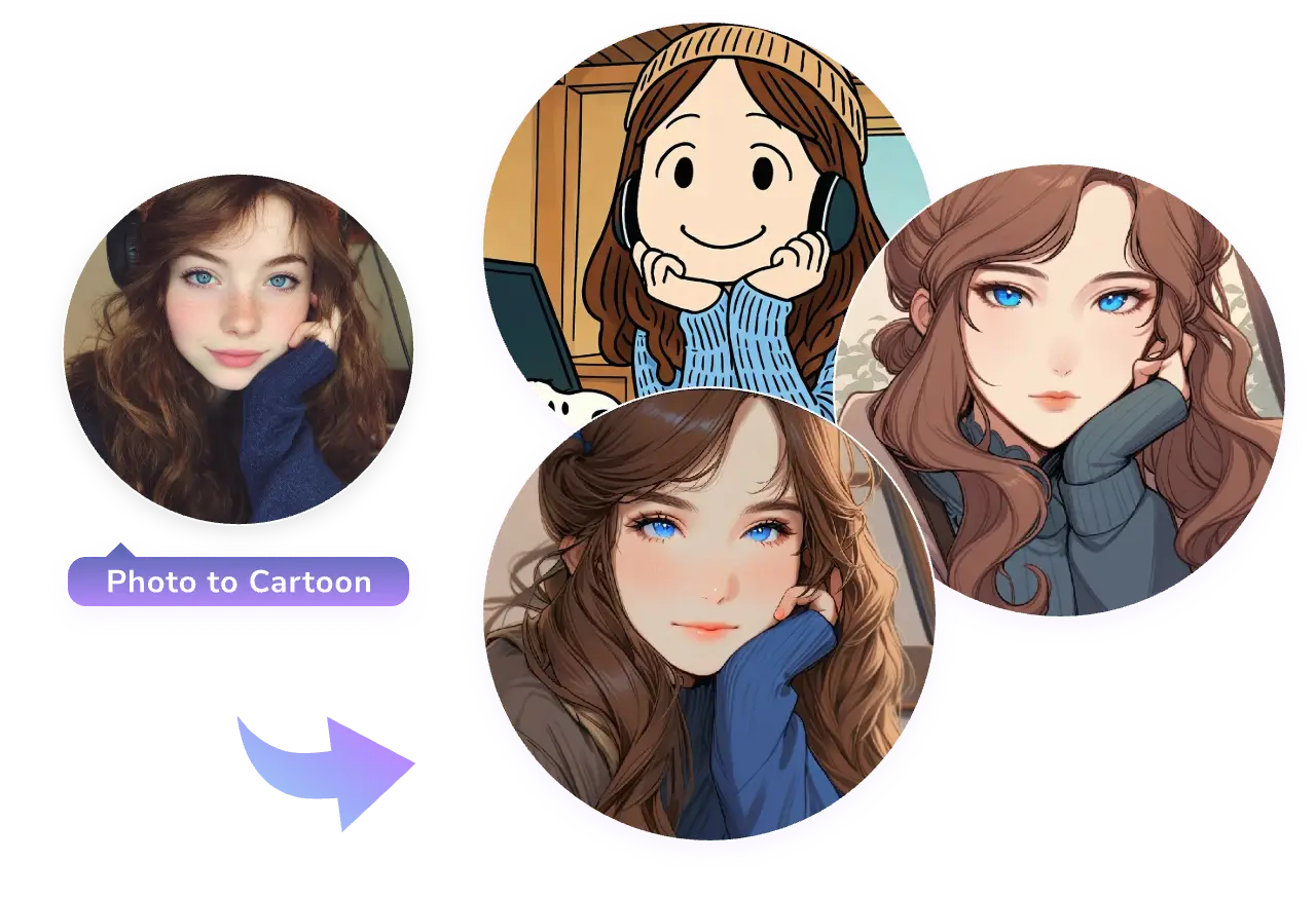 Convertite il ritratto di una ragazza in tre diversi stili di cartone animato con il convertitore da foto a cartone animato di aiease