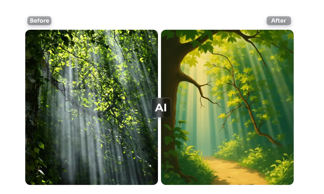 Convertite un'immagine della natura verde in un cartone animato da sogno con il convertitore da foto a cartone animato Aiease