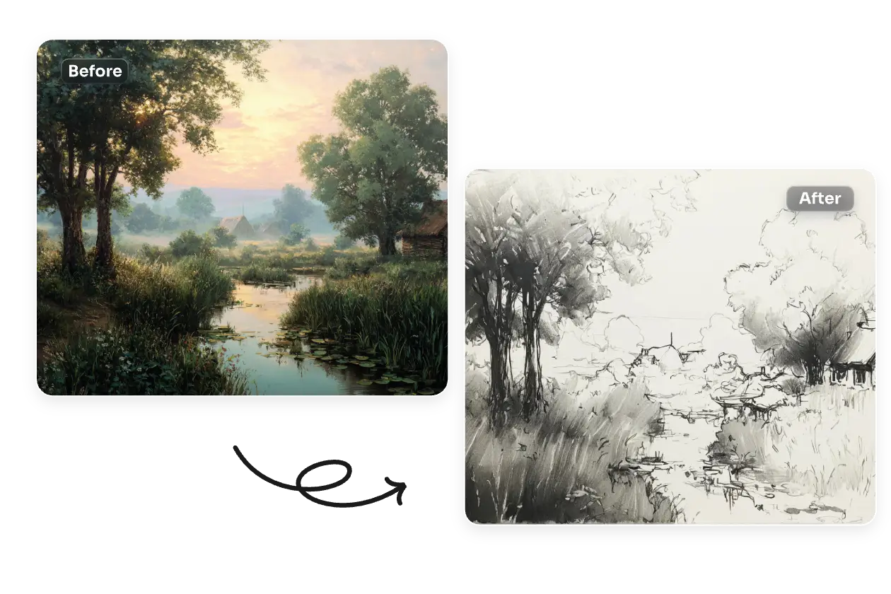 convert a landscape photo into scenery sketch with ai ease sketch generator