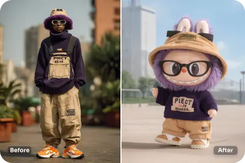 convert the model into a labubu picture wearing trendy clothes with labubu filter