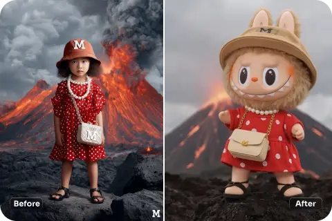 convert the picture into the monster labubu in the red skirt. with labubu filter