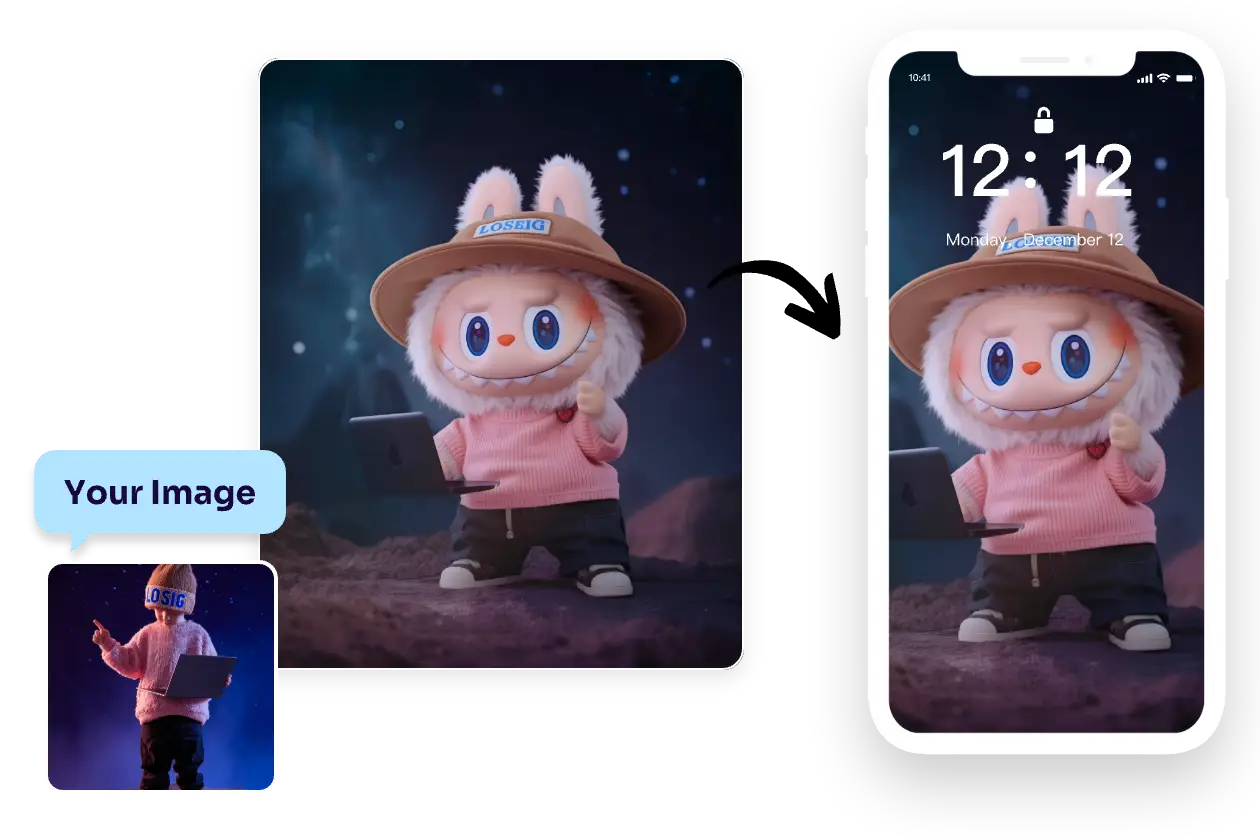 convert your image into a macaron labubu character and use it as a mobile wallpaper