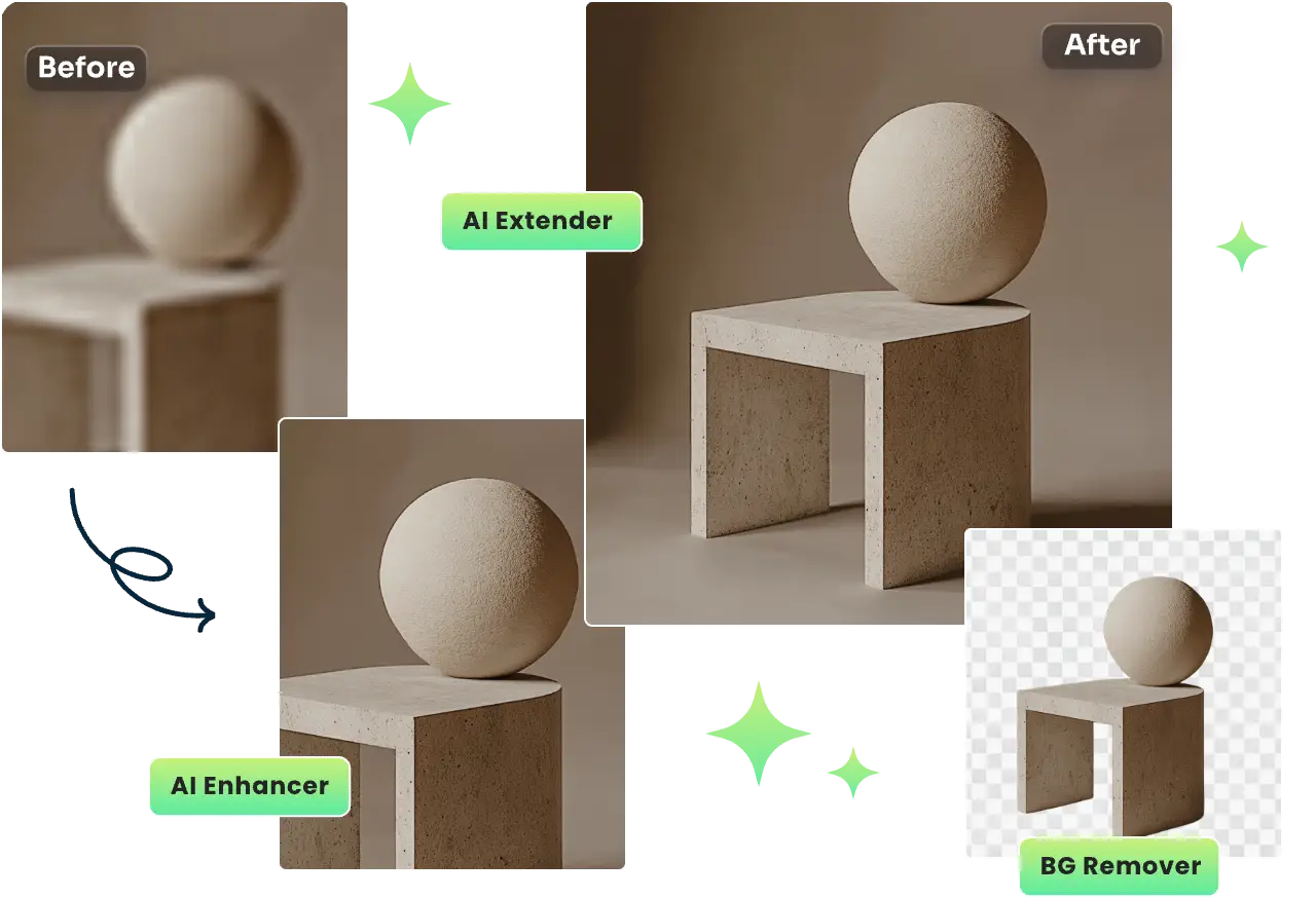 AI Easeの写真編集ツールを使って、画像を拡大・縮小したり、背景を削除する