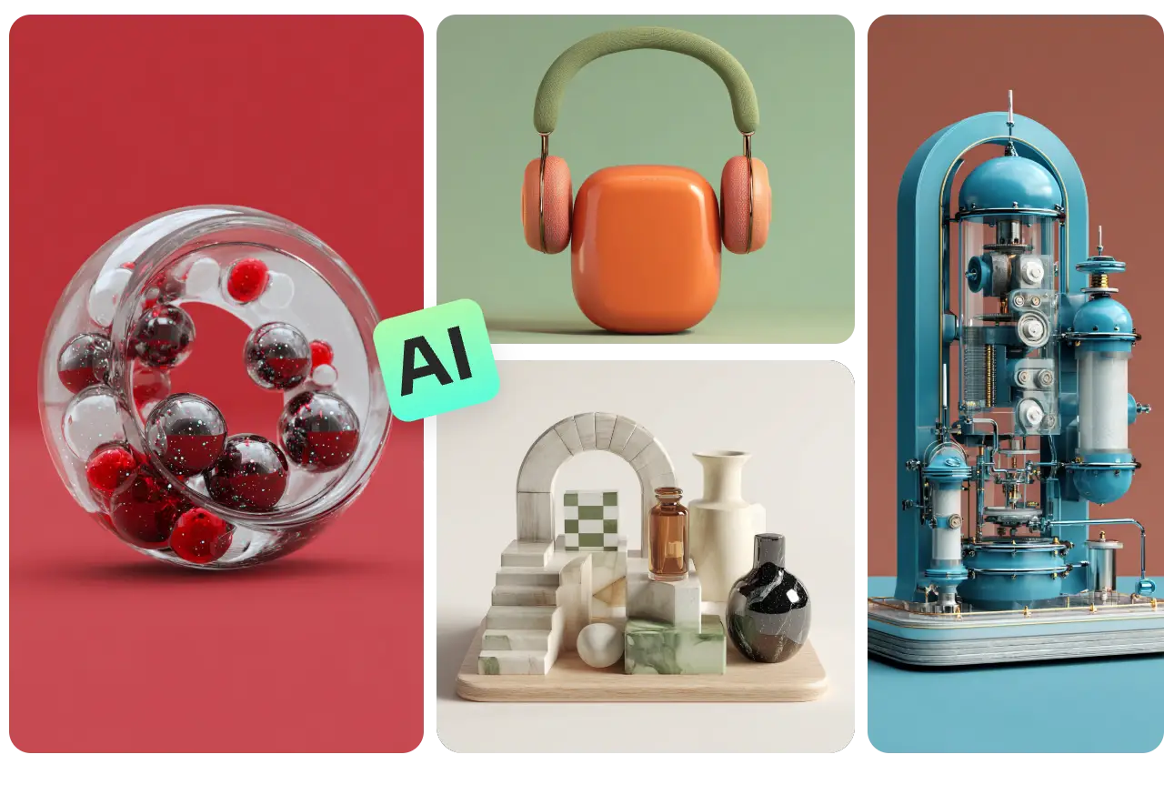 vier 3d bilder in aiease 3d image creator mit ai icon erstellt