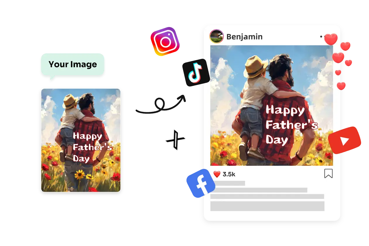 generate a father hugging son cartoon image and post on social media