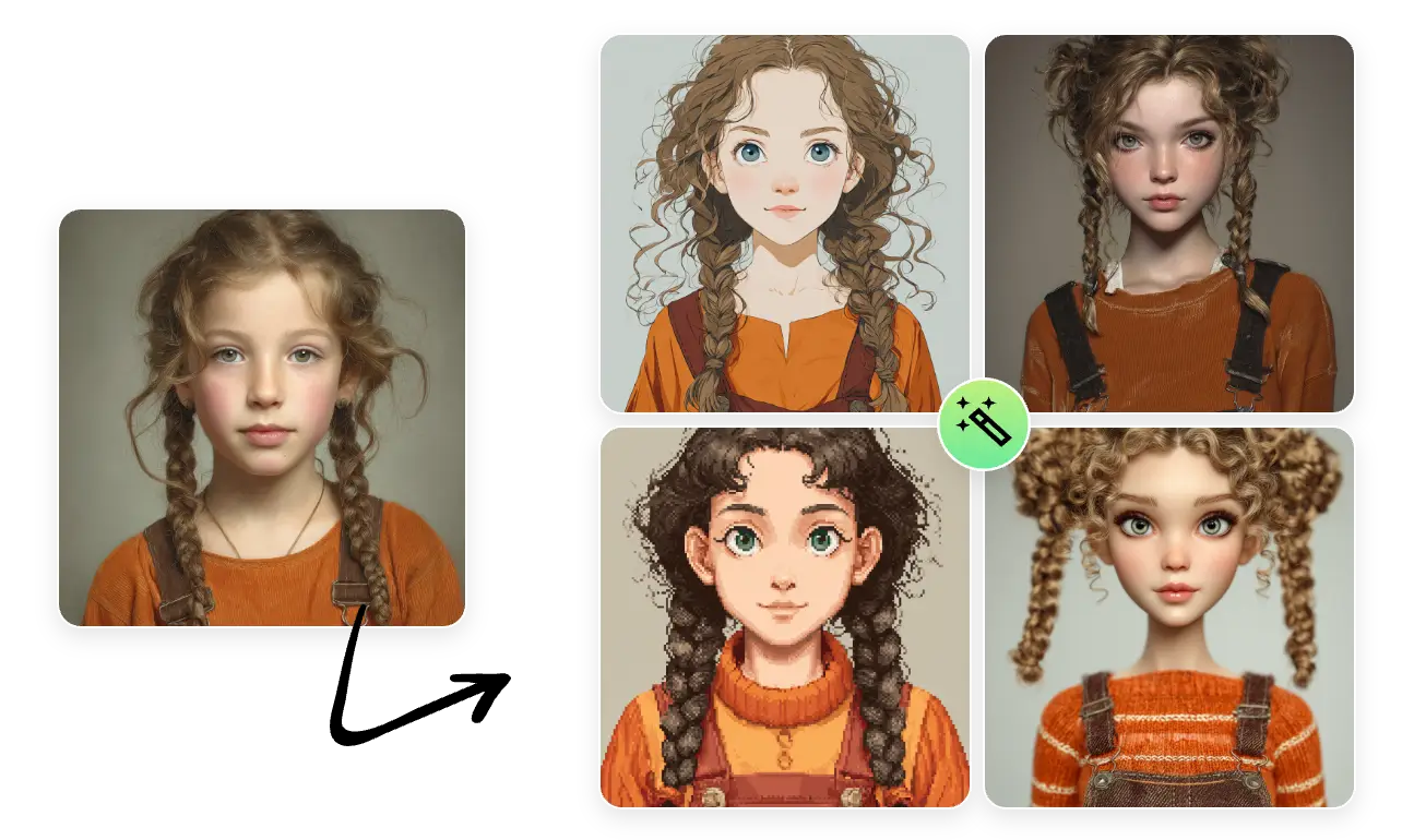 generate different female character image of various style with consistent character in AI Ease