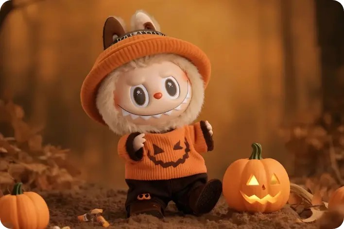 halloween seasonal limited edition labubu with a pumpkin lamp