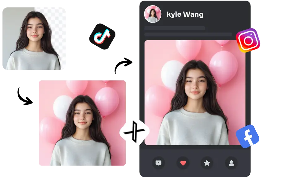 criar o retrato da rapariga em png e adicionar um fundo cor-de-rosa com vários balões no aiease png maker