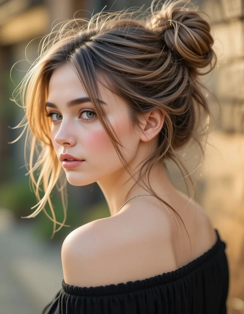 長い髪のための7つの簡単なヘアスタイルの一つメッシーバン