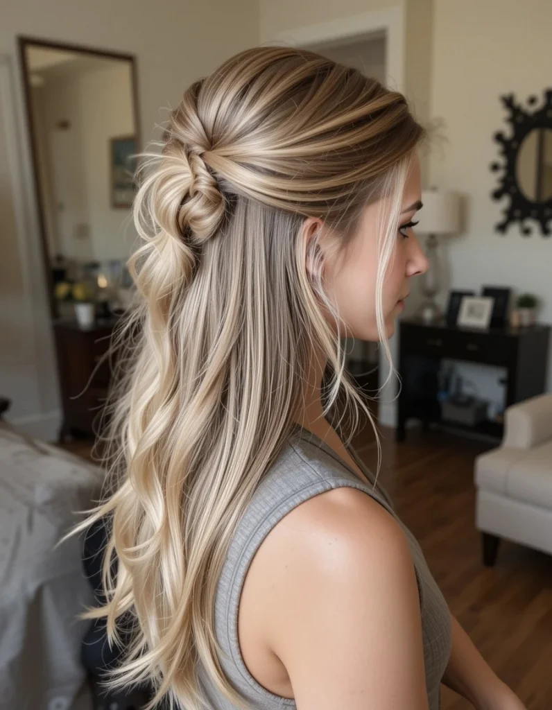 ストレートロングヘアのための簡単なヘアスタイルのひとつ、ハーフアップ結び