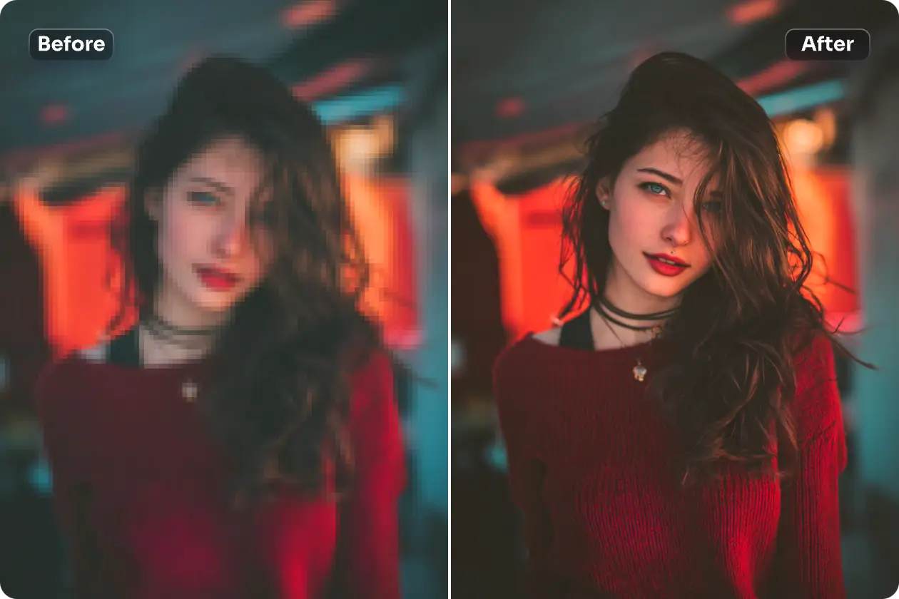 使用 ai easy photo blur remover 移除穿著紅色衣服的女性肖像中的模糊，並增強她的臉部。