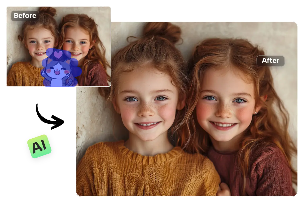 using AIEASE sticker remover deleted cat sticker from two a photo of girls
