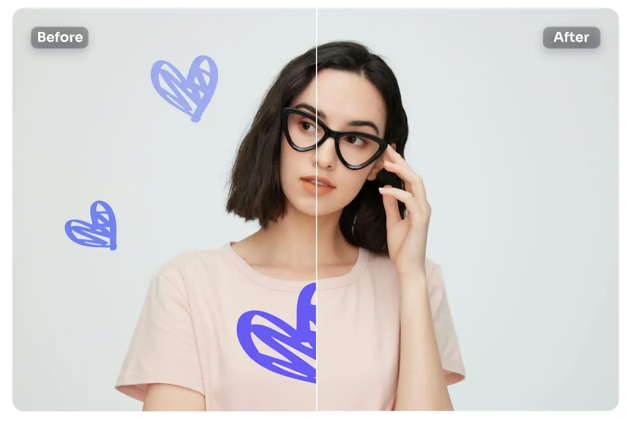 before and after effect of removing heart stickers from a woman's photo