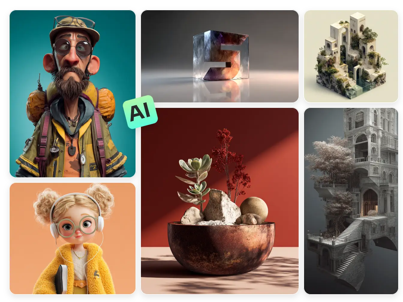 sechs 3D-Bilder, darunter 3D-Charaktere, Gebäude und Produkte, die mit aiease 3d image creator erstellt wurden