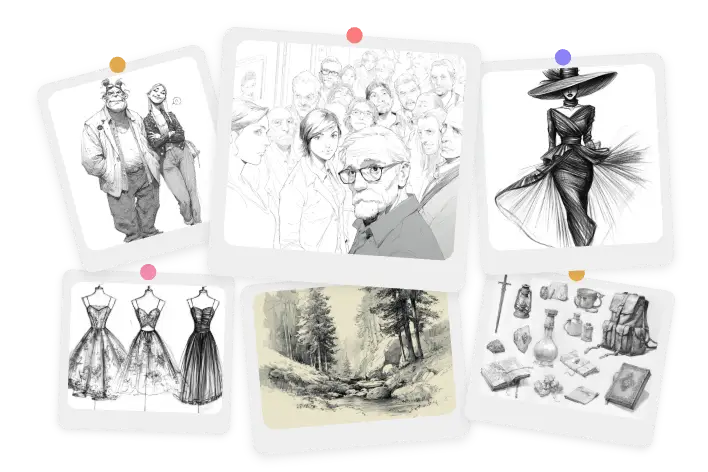 six sketch pictures created by ai ease for product illustrations