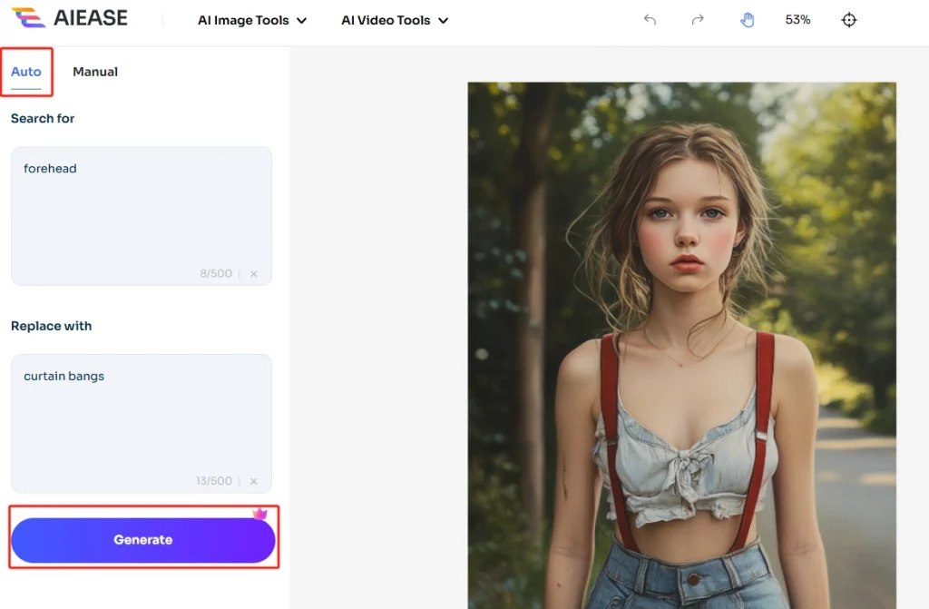 aiで簡単に写真に前髪を追加するには、ジェネレーターをタップします。