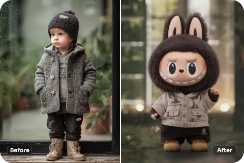 the before and after effects of converting the picture into a cute labubu with ai filter