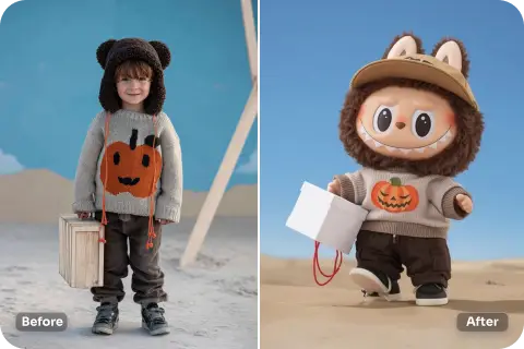 the before and after effects of turning a boy into labubu photo with labubu filter