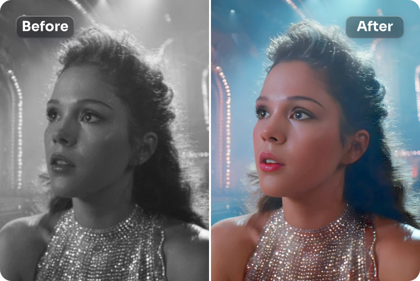 el antes y el después de cambiar las capturas de pantalla de la heroína de la película por fotos en color