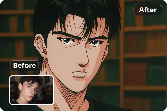 trasformate la foto di un uomo nel classico cartone animato janpanese con il convertitore da foto a cartone animato di aiease