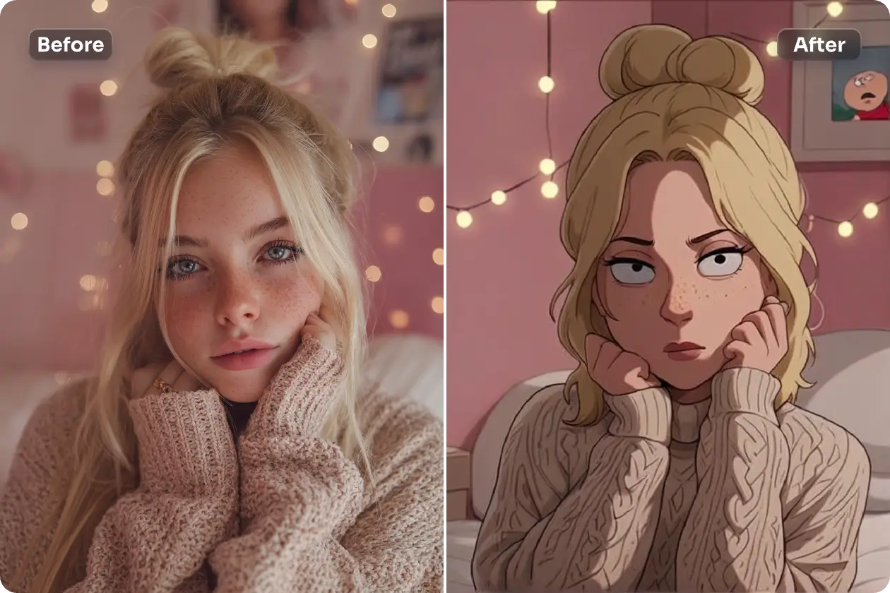 Trasformare una bella ragazza che indossa un maglione rosa in un cartone animato con il convertitore da foto a cartone animato di Aiease