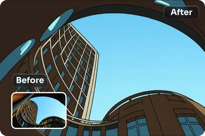 Trasformate l'immagine di un edificio in stile cartone animato con il convertitore da foto a cartone animato di aiease